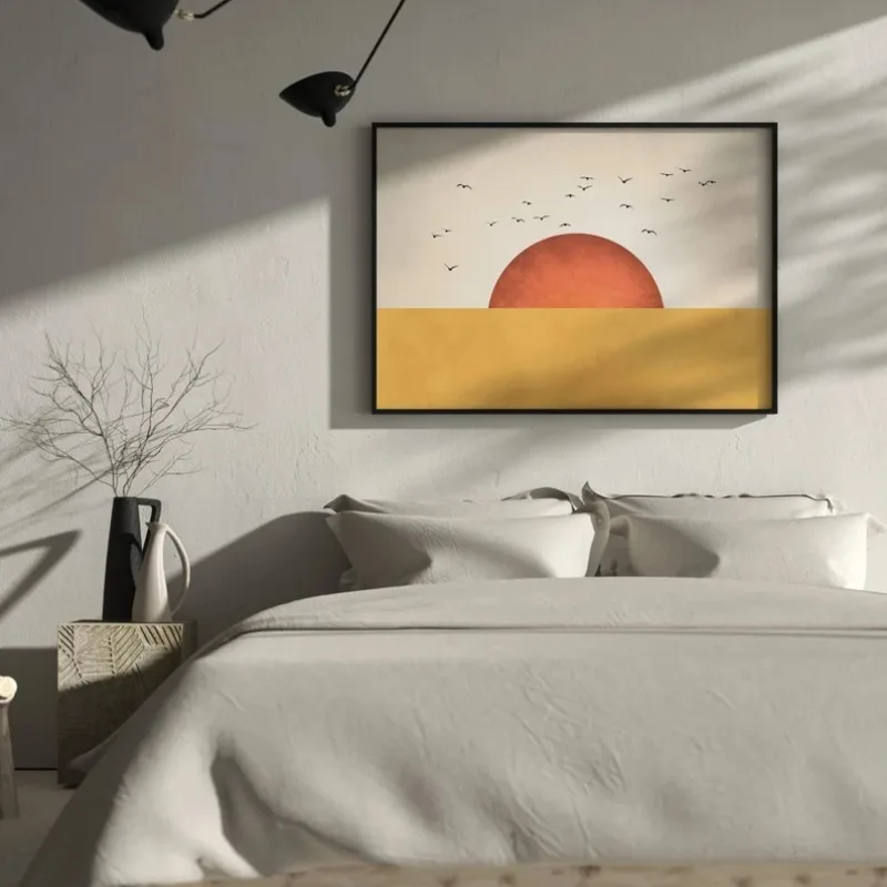 قطيع أصفر من فن قماش الحائط للطيور، طباعة فنية للشمس البرتقالي، فن الحائط الياباني، منظر طبيعي تجريدي، ديكور غرفة المعيشة، فن الحائط #2
