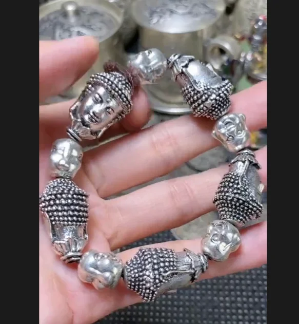 Vintage Carved Maitreya Buddha Head Bracelet, White Copper Silver Plated, Antique Collectible, Unisex Retro Punk Hand Jewelry