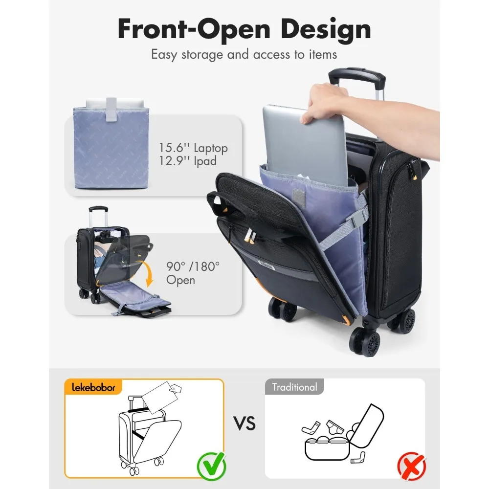 Lekebobor Underseat Carry On Luggage with Spinner Wheels,16 Inch Softside Suitcase with Detachable Sleeve, Lightweight Travel Lu