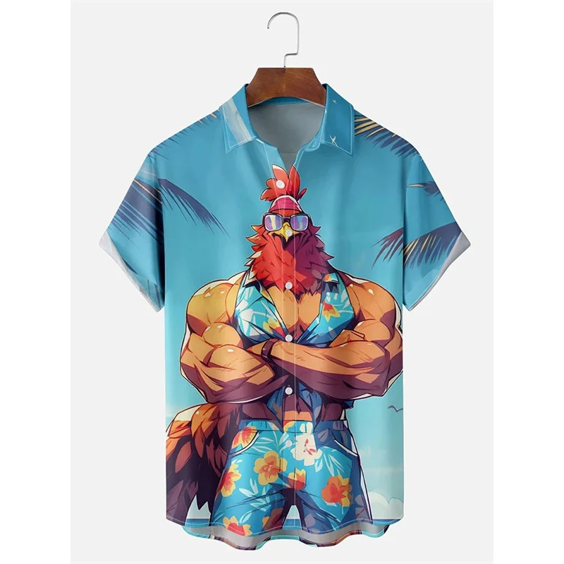 

3D Printed Cartoon Chicken Hawaiian Shirt Men Funny Animal Graphic Blouse Summer Fashion Short Sleeves Lapel Tops Aloha Shirts