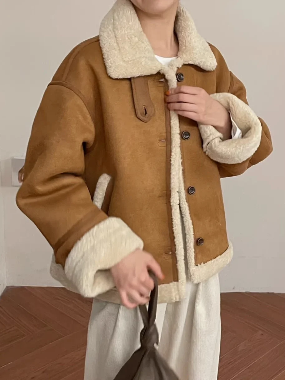

ROUJE KEFSS Lamb Fur Trimmed Fleece Lined Women's Jacket Autumn Winter New Style Long Sleeve for Pear Body Types