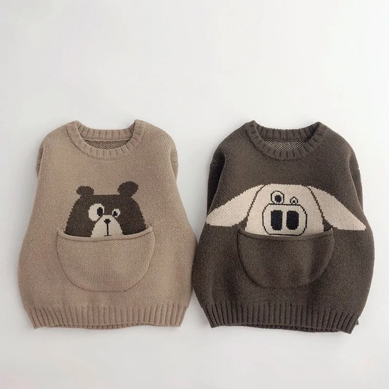 2024 Autumn Winter New Cartoon Pullover Sweater Boys Pocket Panda Knitted Shirt Girls Loose Cute Tops Children All-match Clothes