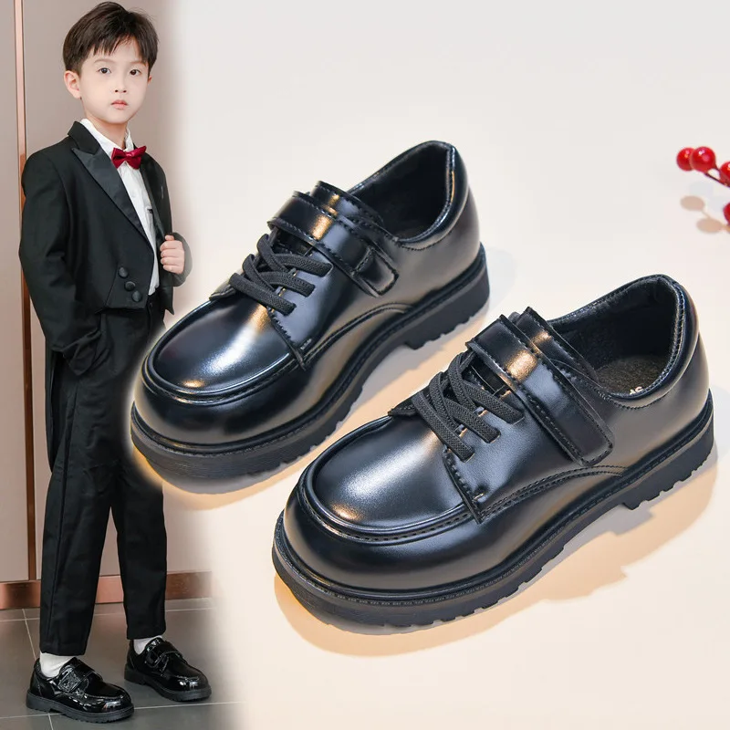 Boys Casual Shoes for Wedding Party Black Leather Shoes Fashion Classic Laces Thick Bottom Girls Loafers Kids School Shoes Soft