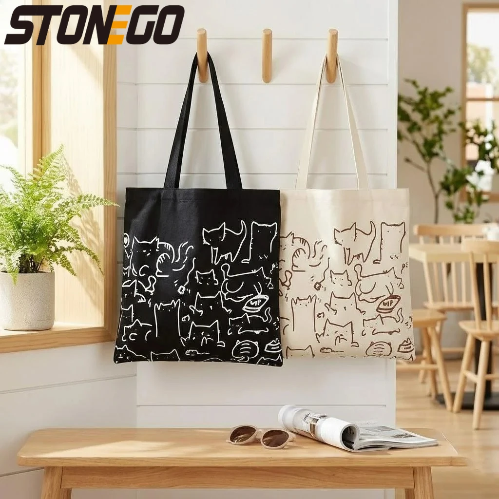 Fashion Cartoon Cute Cats Canvas Bags Handbag for Women Men Foldable Reusable Shopping Beach Bag with Zipper