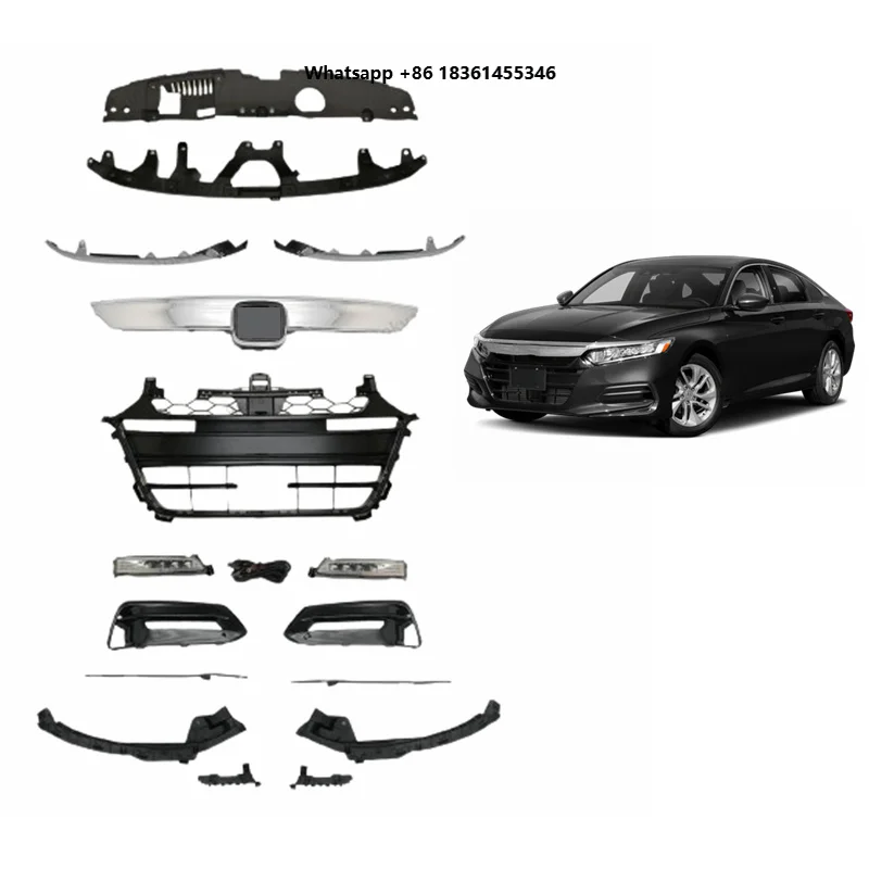 

For Accord 2018-2020 Front Face Kit Chrome Grille Molding Fog Light Lamp Bumper Headlight Strip Molding Bracket Bezel
