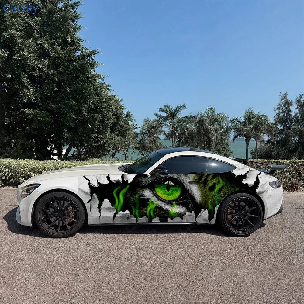 

2pcs Green Flame Cat Eye, Durable, Fade-resistant, Enhance Vehicle Aesthetics With Bold Artistic Design Car Vinyl Wraps