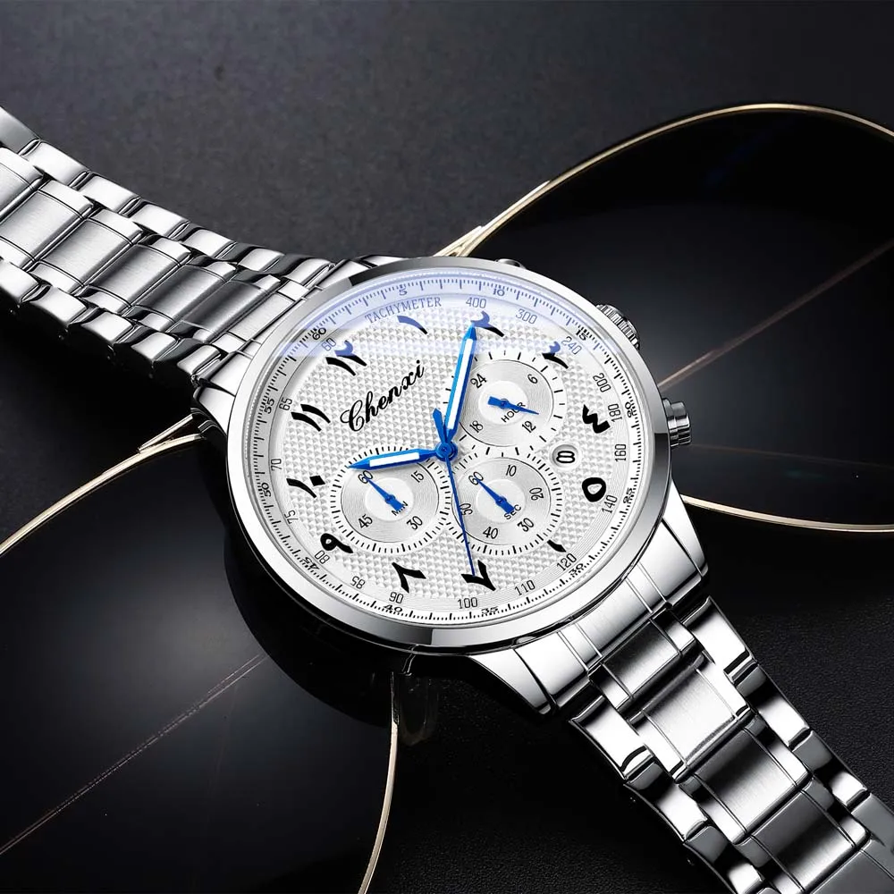 CHENXI Arabic Numeral Multifunction Men's Quartz Watch Real Three-Eye Six-Needle Calendar Chronograph Male watch Clock relojes