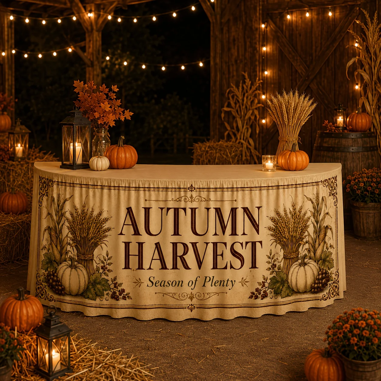 Party table skirt 1 piece, retro wheat corn pumpkin autumn harvest round table skirt, farmhouse style Thanksgiving tablecloth
