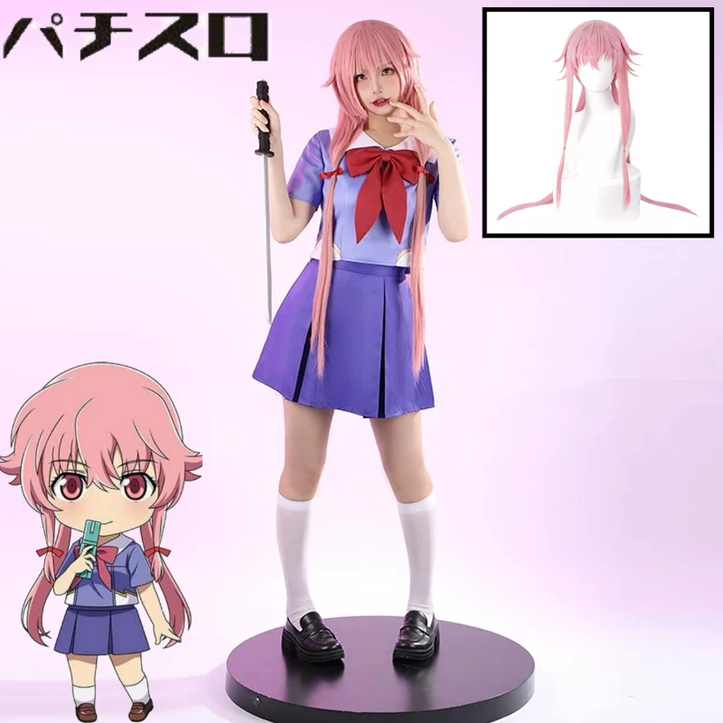 Image of Future Diary Mirai Nikki Yuno Gasai Cosplay-Kostüm Japanische JK-Schuluniform Komplettset mit Perücke und Socken für Anime Comic Con
