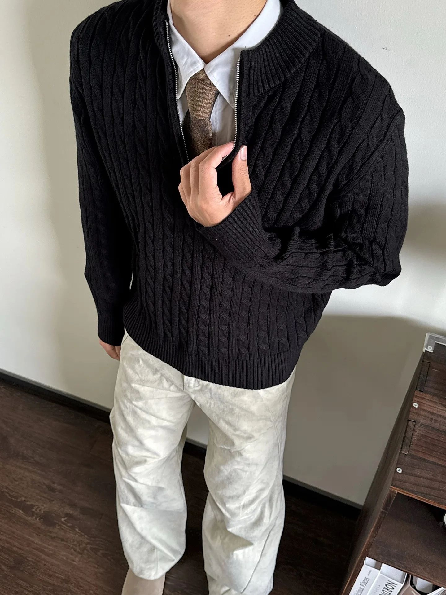 Maglione lavorato a maglia retrò americano da uomo autunno inverno pigro casual versatile collo alto f zip fibra di poliestere lungo Sve Swe...