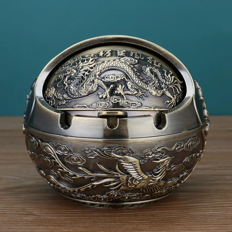 New Ashtray Zinc Alloy Windproof Semi Closed Cover 3D Enamel Design Globe Ashtray Large-bronze-Dragon and Phoenix