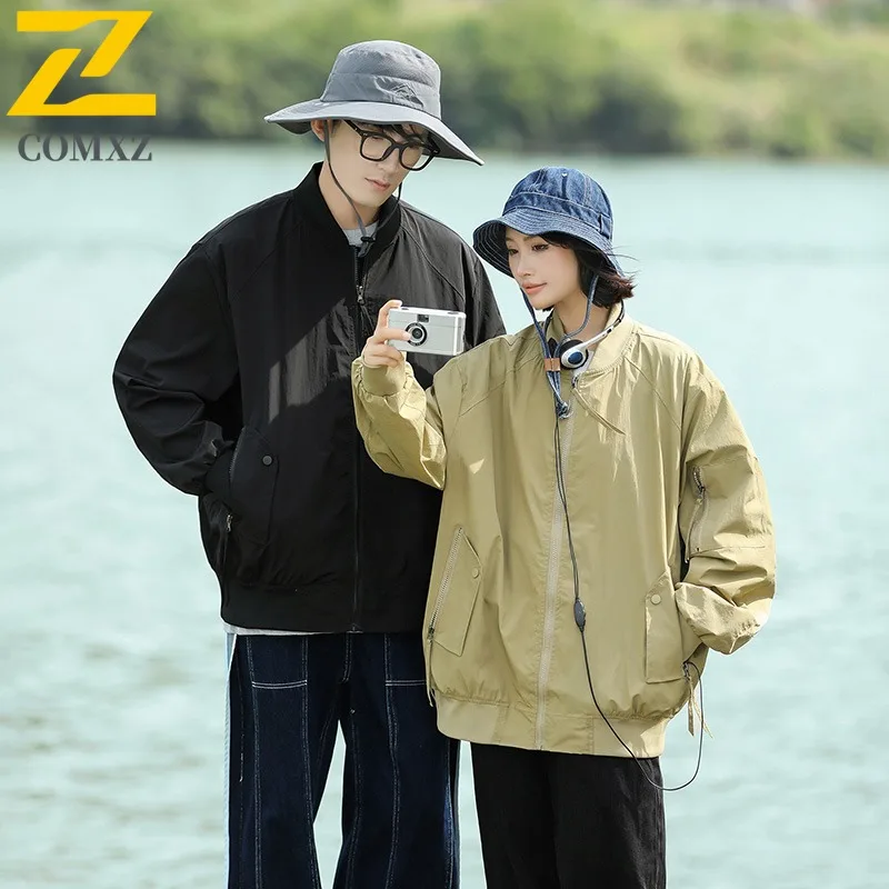 

COMXZ мужская японская повседневная однотонная свободная куртка универсальная тонкая водонепроницаемая солнцезащитная куртка унисекс уличная альпинистская куртка