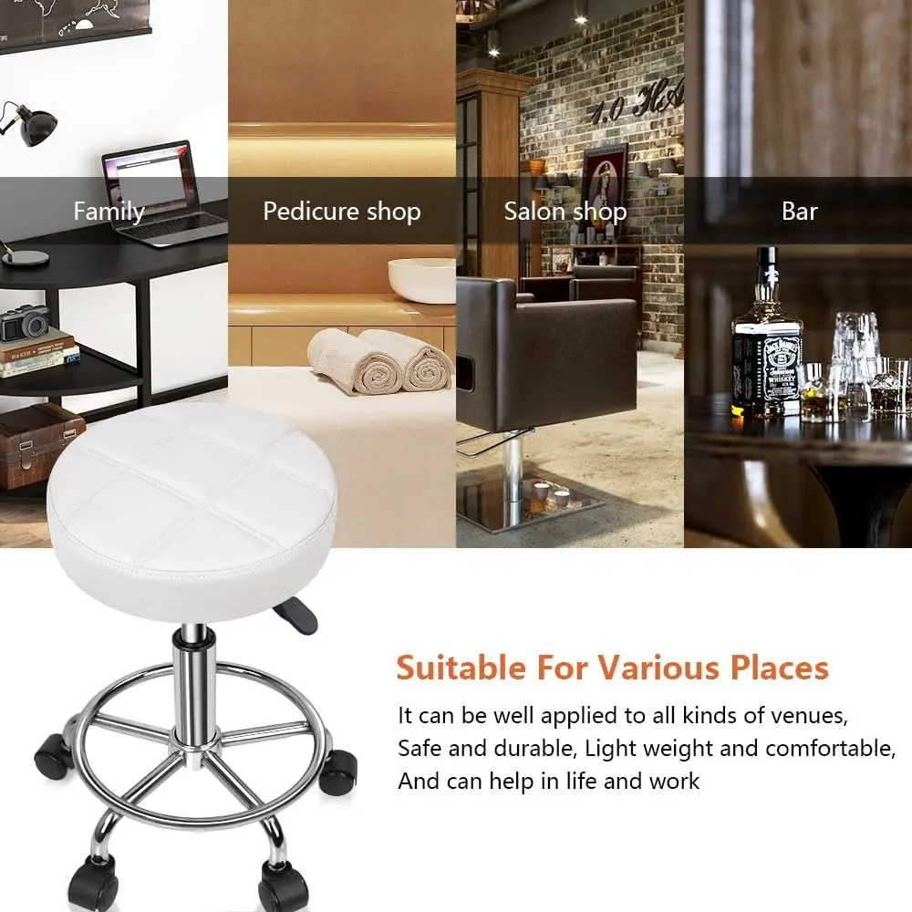 Round Rolling Stool Chair PU Leather Height Adjustable Swivel Drafting Work SPA Shop Medical Salon Stools with Wheels Of