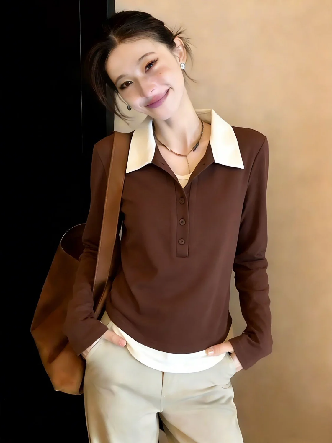 Camiseta de manga larga Choco Collar para mujer, talla grande, estilo coreano, nuevo estilo de primavera, para ir al trabajo, ajuste estándar, uso diario