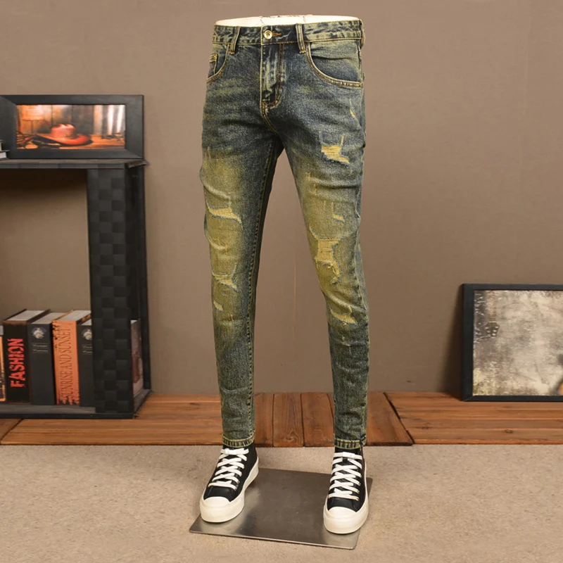 High Street Fashion Men Jeans Retro Washed Stretch Skinny Fit Ripped Jeans Men Patched Designer Vintage Denim Pants Hombre