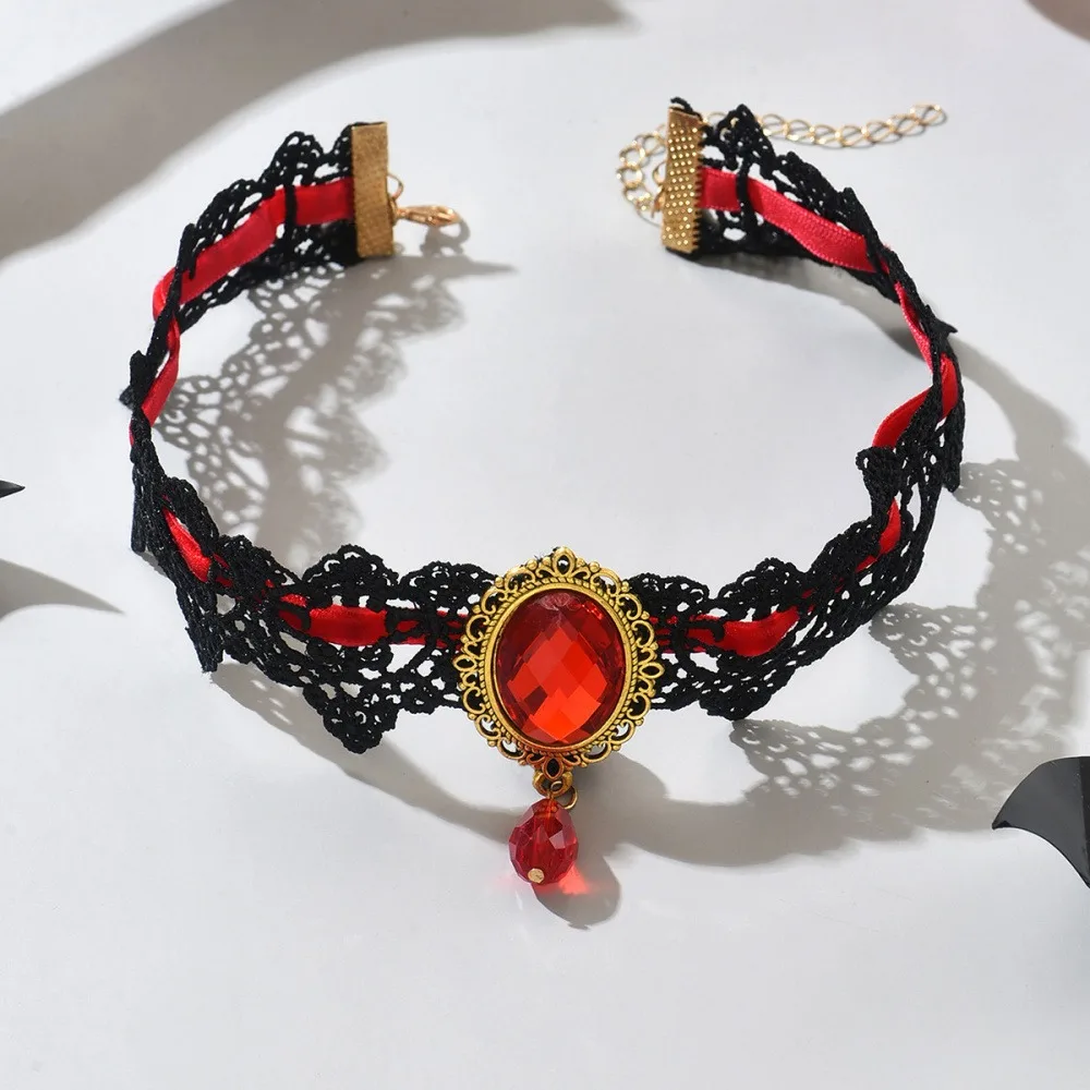 European and American Style Exaggerated Black Lace Clavicle Chain 2025 New Water Drop Gemstone Women's Necklace Choker