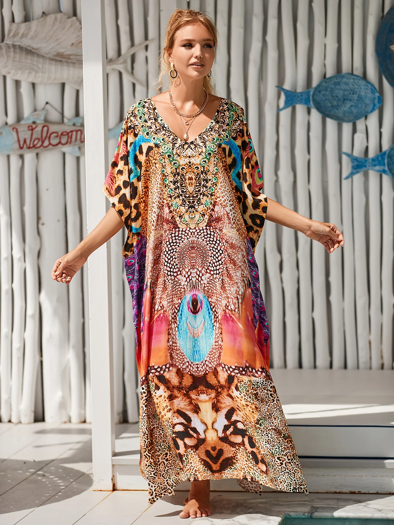 

Boho V Neck Bikini Cover-ups Summer Autumn Loose Kaftan Dress Women Plus Size Beachwear Swimsuit Cover Up