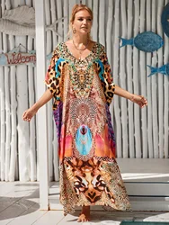 Boho V Neck Bikini Cover-ups Summer Autumn Loose Kaftan Dress Women Plus Size Beachwear Swimsuit Cover Up