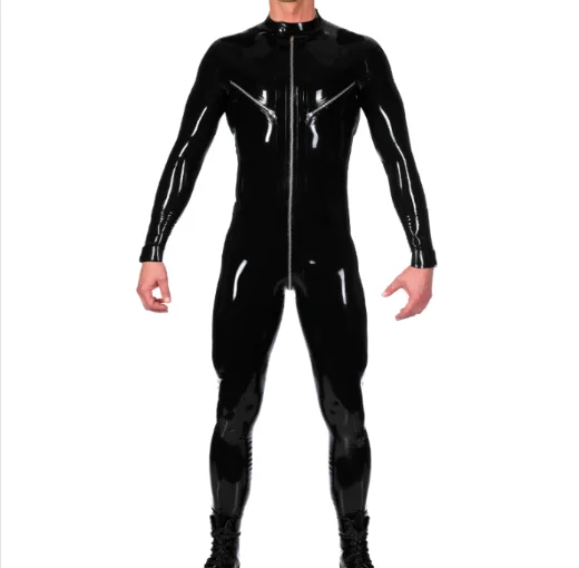 

Latex Rubber Gummmi Black one-piece zip finish role play party hand customized 0.4mm XS-XXL handsome