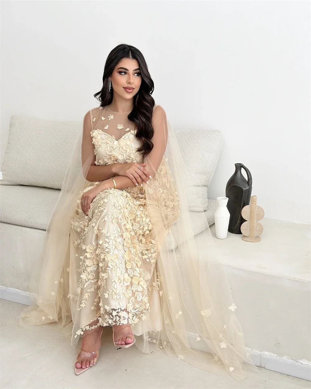 Vestido formal personalizado da arábia saudita, vestido de noite com alças transparentes, linha a, comprimento do tornozelo, saias de tule sob medida, vestidos de baile