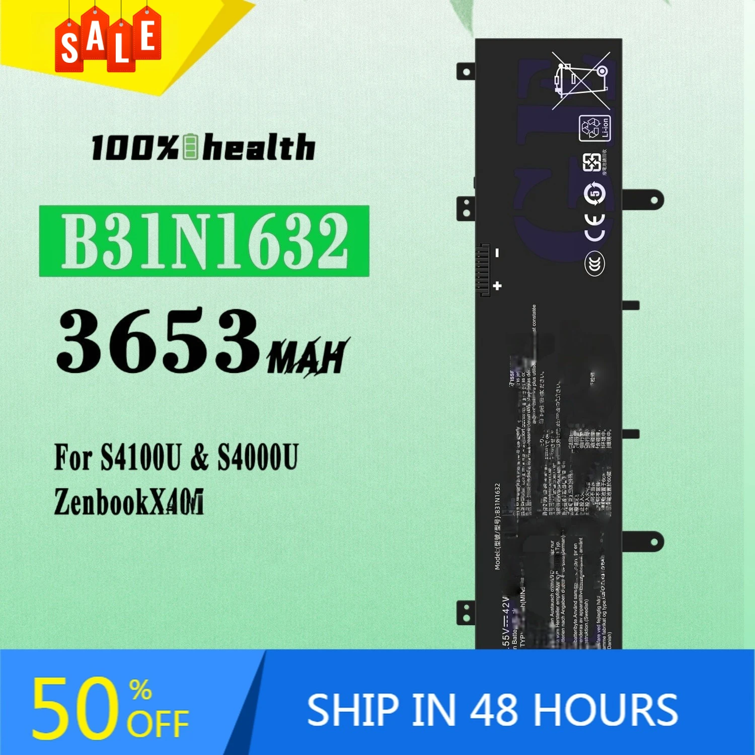 

B31N1632 3653mAh Laptop Battery for ASUS S4100U S4000U ZenbookX405 Lithium Rechargeable Battery