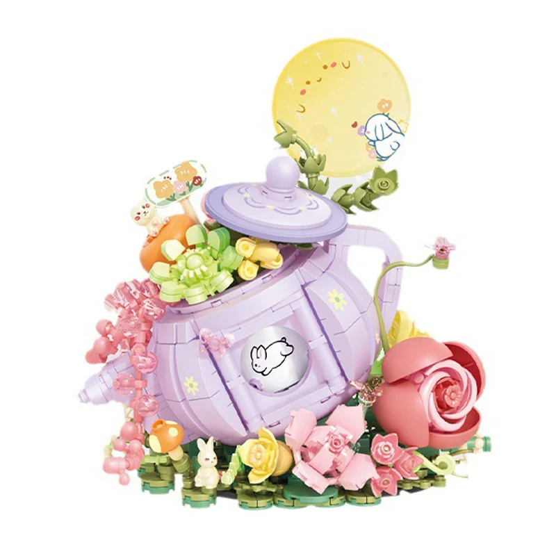 Creative Flower Teapot MOC Building Block Moon Night Tea Time Model Assemble Brick Toy Collection For Girls Gifts With Light