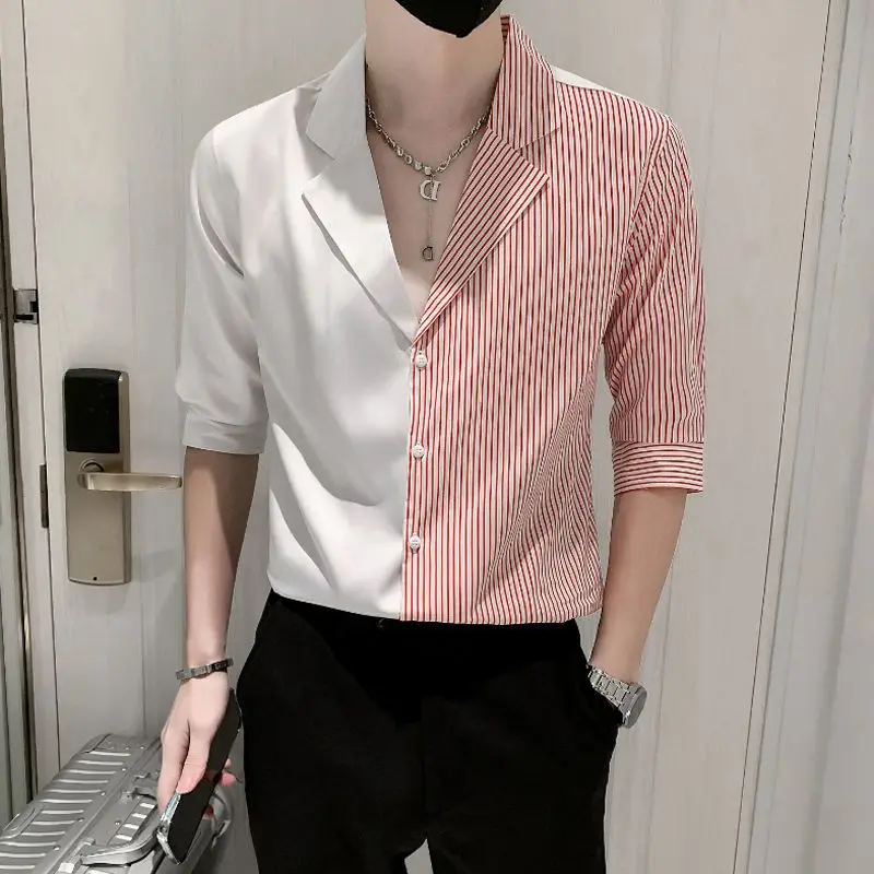 2023 Men\'s Clothing Korean Fashion Casual Striped Patchwork Asymmetrical V-neck Temperament Button Handsome Spring Summer Shirts