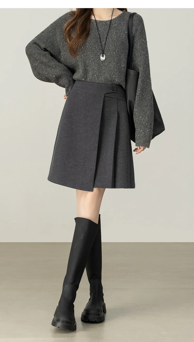 SENTUBILA Damen Kurzer A-Linien-Rock 2026 Winter Neuer Büro- und Freizeitrock mit Hoher Taille und Unregelmäßigem Saum, Einfarbiger Plissierter Rock 154QP3745 – Detail 19