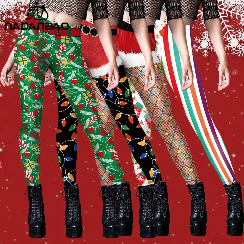 NADANBAO Elf Leggings Women Christmas Santa Claus Pants Snowflake 3D Digital Print Trousers Girls Sexy Tights Holiday Party Gift