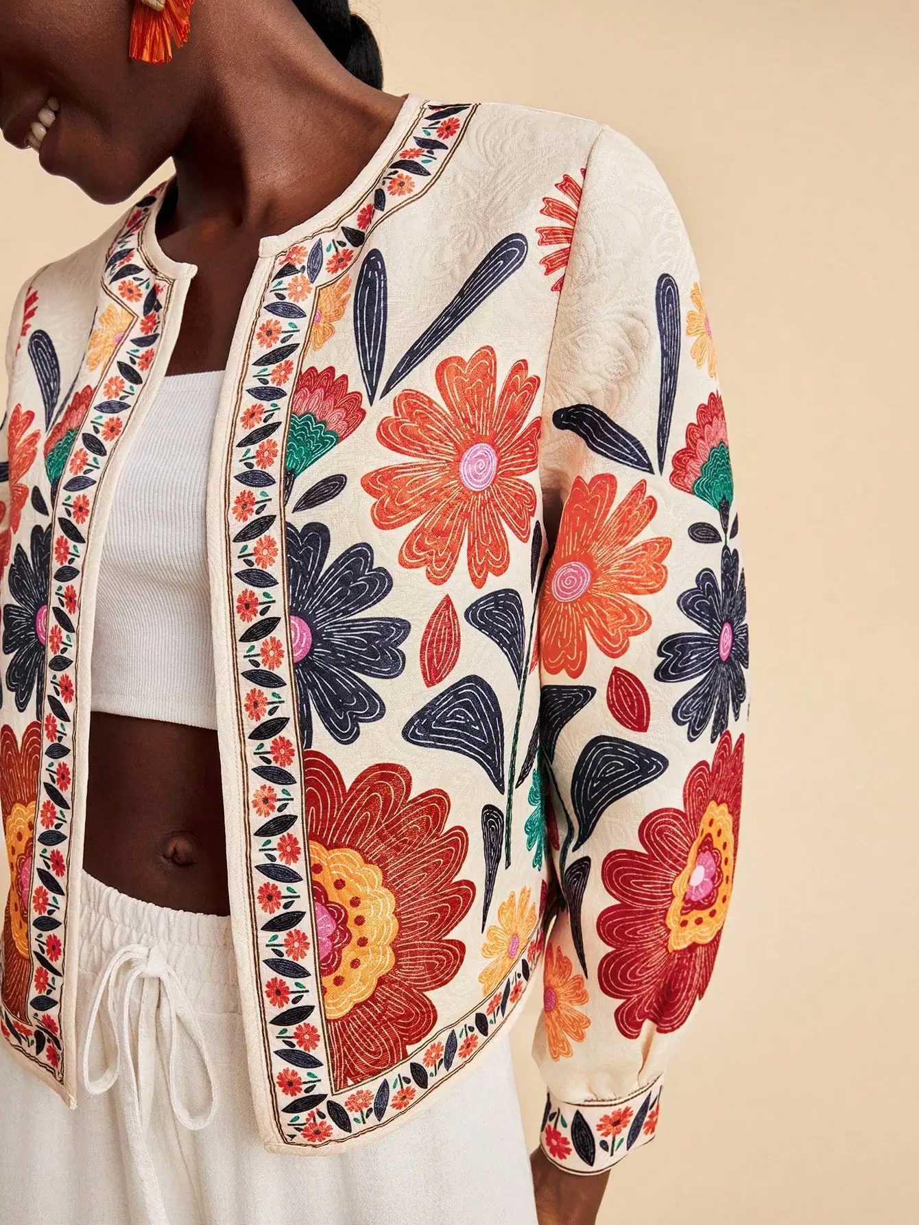 

Boho Floral Embroidered Open Front Jacket for Women, Casual Vacation & Fall Outfit