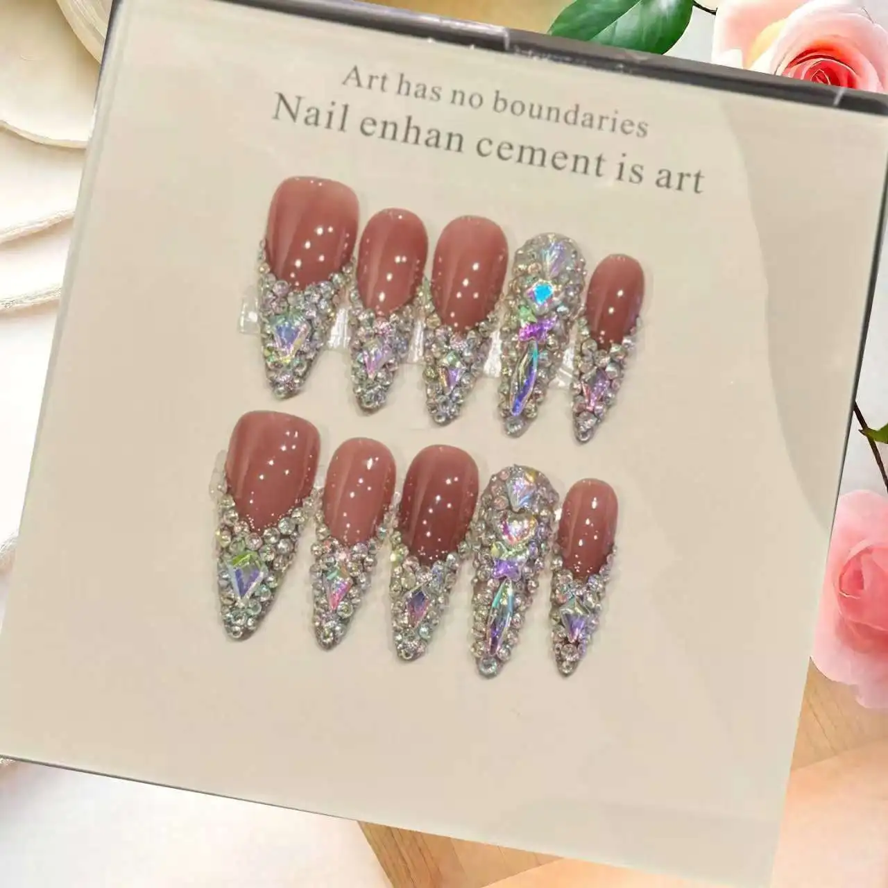 

10PCS Luxury Handmade Fake Nails Long Stiletto Design Full AB Glitter Pink French Tips Middle East Cross BorderBestseller4PIECE