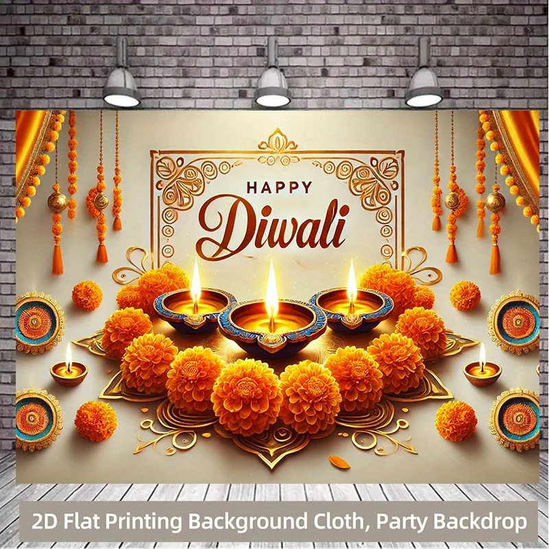 Diwali Festival Tapestry, Golden Orange Marigold and Candles Design, Indian Celebration Wall Art for Party and Home Decor