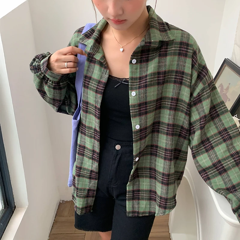Camisa a cuadros verde para mujer, camisa de gran tamaño con cuello abotonado, blusa, Top, estilo novio adolescente, conjunto de camisas a cuadros