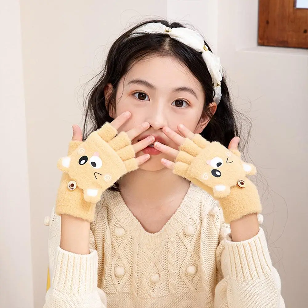 Capybara Kids Winterhandschoenen Verdikte Cartoon Warme Gebreide Wanten Nertsen Fleece Student Halfvinger Flip Handschoenen voor Jongens Meisjes