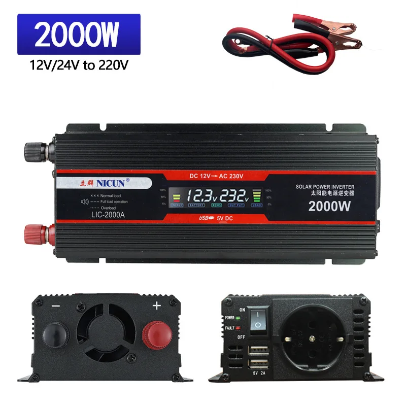 Home Outdoor 1000W 1500W 2000W Inverter Modified Sine Wave DC 12V 24V AC 220V 230V 50HZ Charging Car Inverter With USB Smart Fan