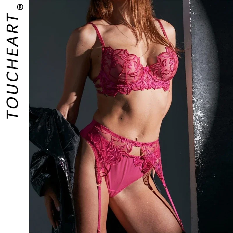 Toucheart Sexy Embroidery Underwear For Women Mesh See-through 3 Piece Bra Set Exotic Sexy Lingerie Set Solid Color Lace Suit