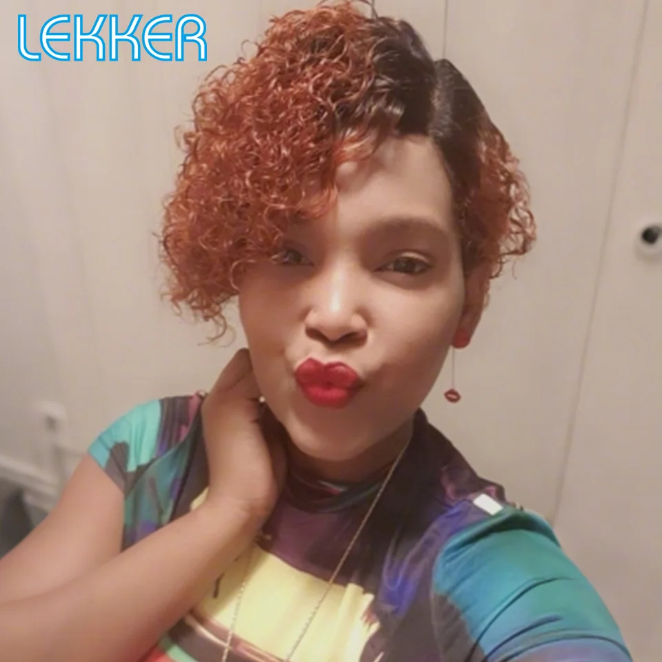 

Lekker Clearance Ginger Short Pixie Kinky Curly Bob C Part Lace Front 100% Human Hair Парик для женщин Бесклеевые бразильские волосы Remy