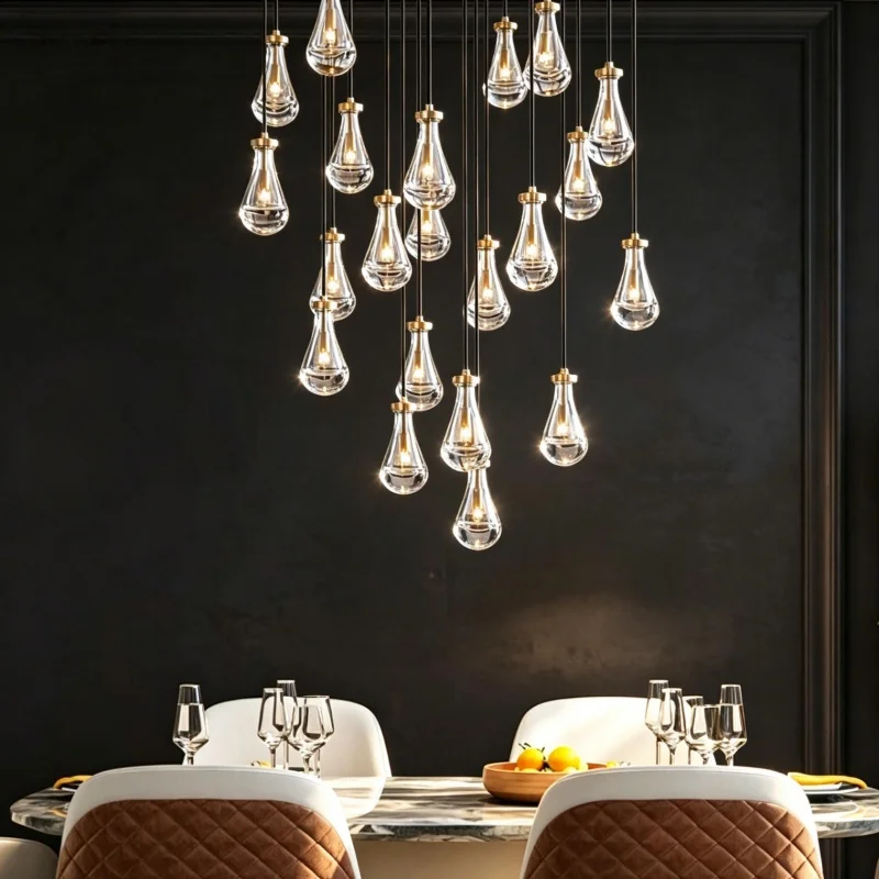 

Copper LED Pendant Light,2026 Modern Lobby Waterdrop Glass Light, Home Decoration, Hotel Villa Glossy Staircase Ceiling Lamps
