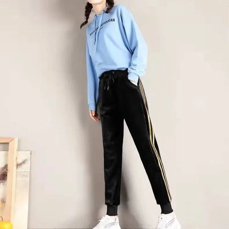 

Golden Velvet Women's 2024 Autumn and Winter Spliced Elastic Waist Drawstring Pocket Fashion Loose Sports Harlan Casual Pants