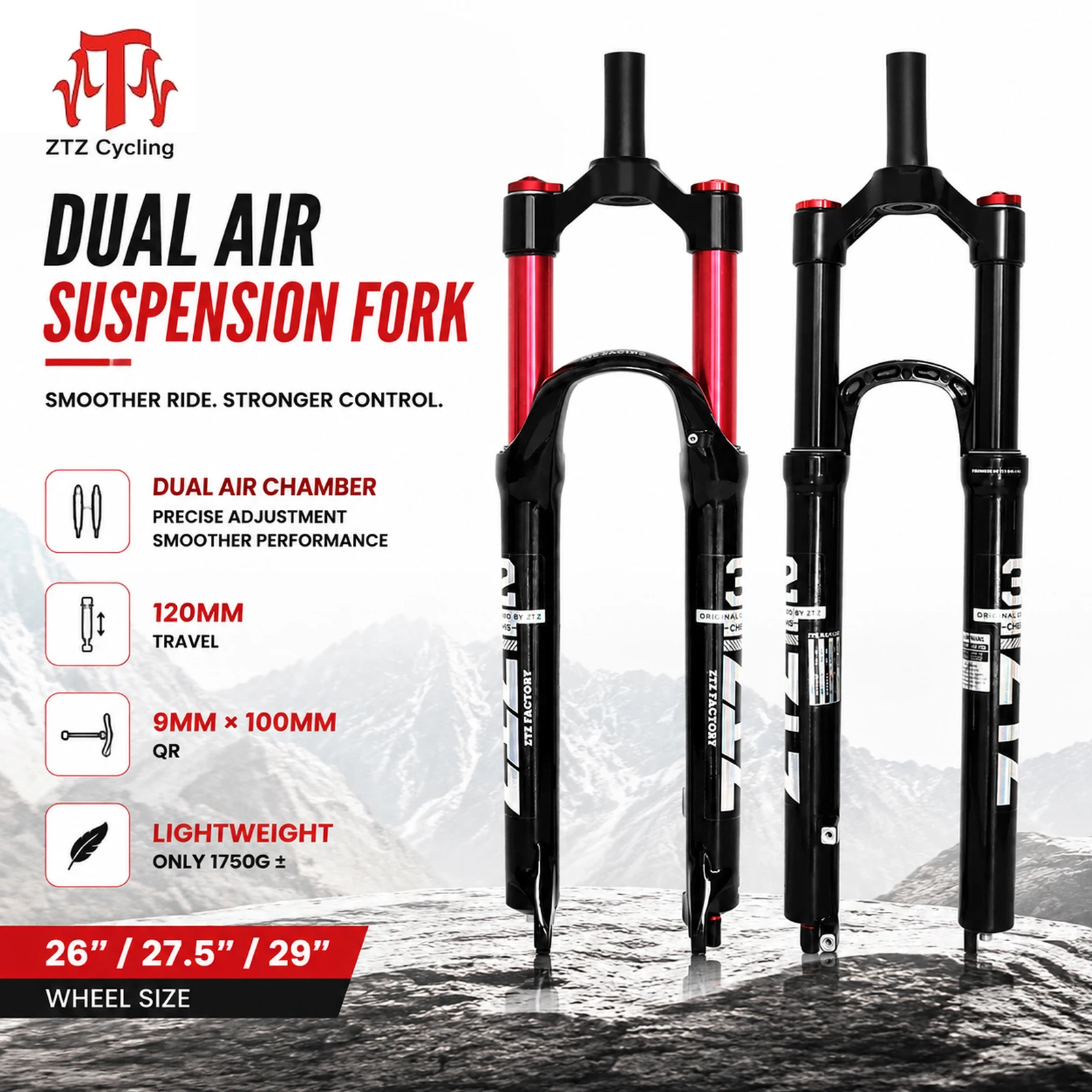 

MTB Dual Air Suspension Fork 26 27.5 29 Inch, 120mm Travel, QR 9x100mm, 1-1/8 Straight Steerer, Manual Lockout Front Fork for XC AM Mountain Bike