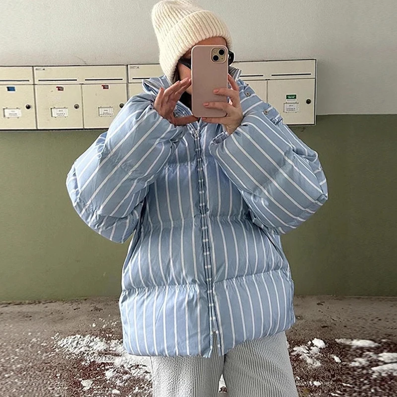 Damska kurtka z kapturem Tornova, ocieplana bawełną, w paski, jesień-zima 2025, do pracy, stójka, zapinana na zamek, ciepły płaszcz, moda damska.