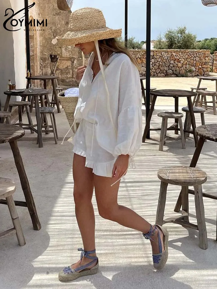 Oymimi Elegant White Cotton 2 Piece Sets Women Outfit Fashion Wrist Sleeve Lace-Up Blouse And High Waist Pleated Shorts Sets