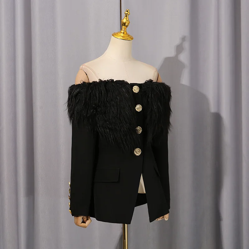 HKSH Primavera Autunno Nuove donne Blazer con spalle scoperte monopetto abbottonato patchwork pelliccia sintetica Slim Fit cappotto sexy di fascia alta HK13811