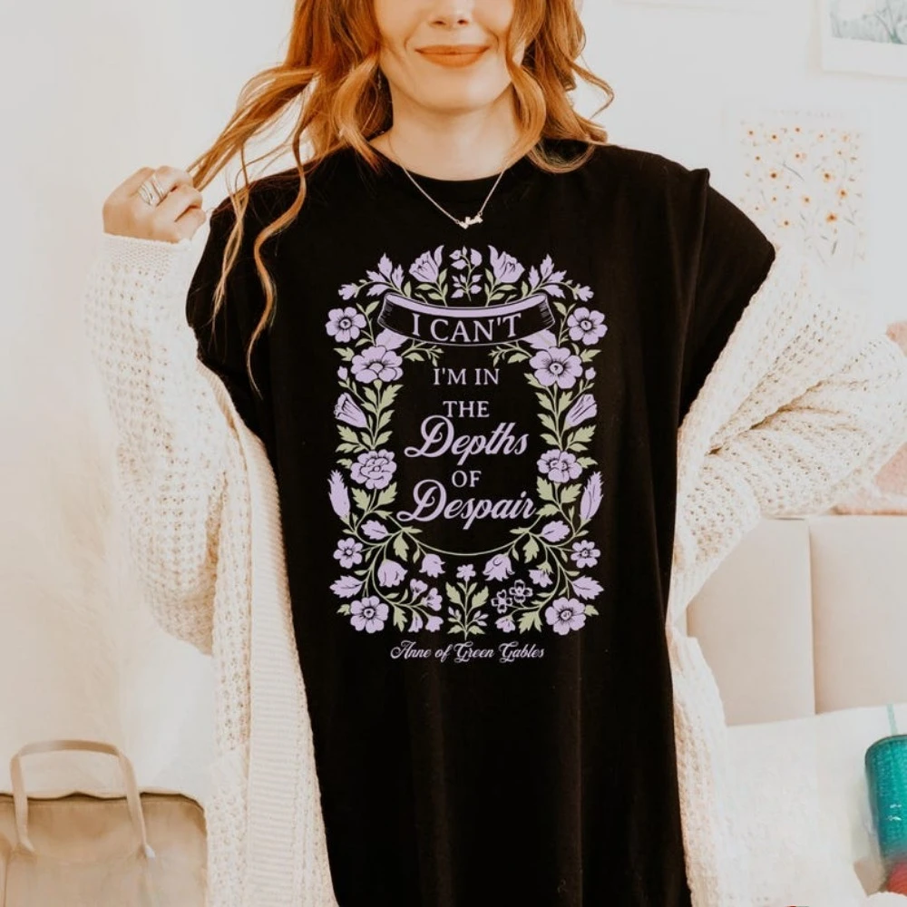Anne of Green Gables Tee Depths of Despair Literary Quote Purple Flower Pattern Print Artistic Aesthetic Style Letter Summer Top