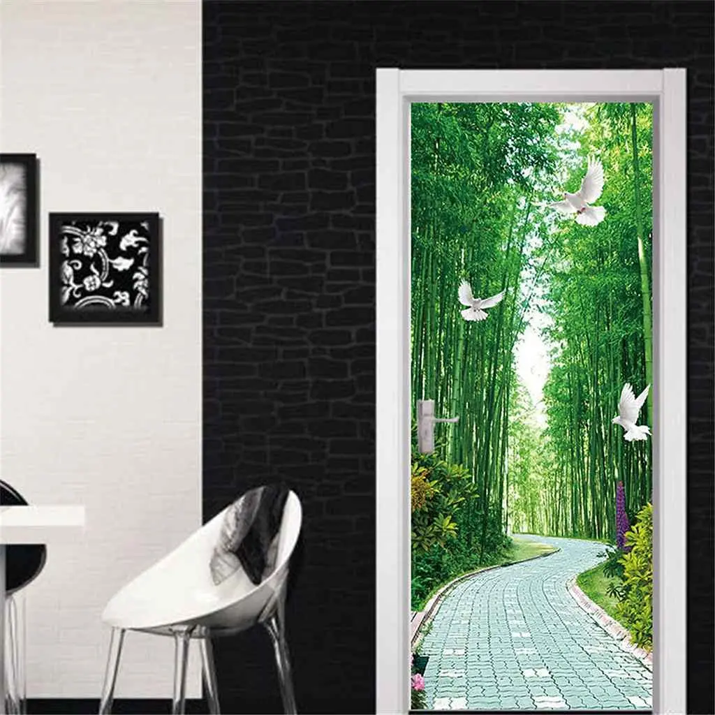 Green Bamboo Phalaenopsis  3D Door StickerWallpaper for Bathroom Washroom Decoration Decal Peel & Stick Vinyl Mural Wall Poster