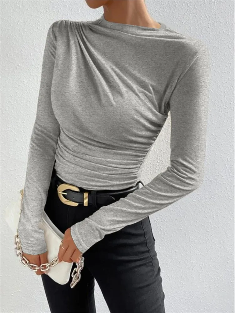 Fashion Solid Color Slim Fit T Shirt Women Trendy All-match Folds Long Sleeve T Shirts Ladies Tops Streetwear 2024 Spring New