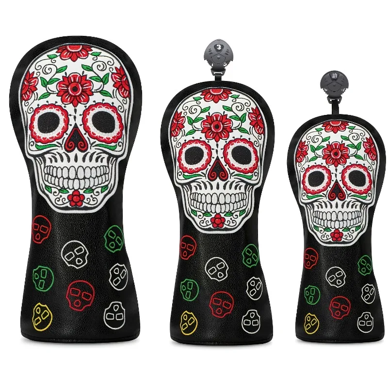 Golf Club Protective Cover - Black PU Material, White Skull and Red Flower Pattern, Multi Color Denomination and Eye Design