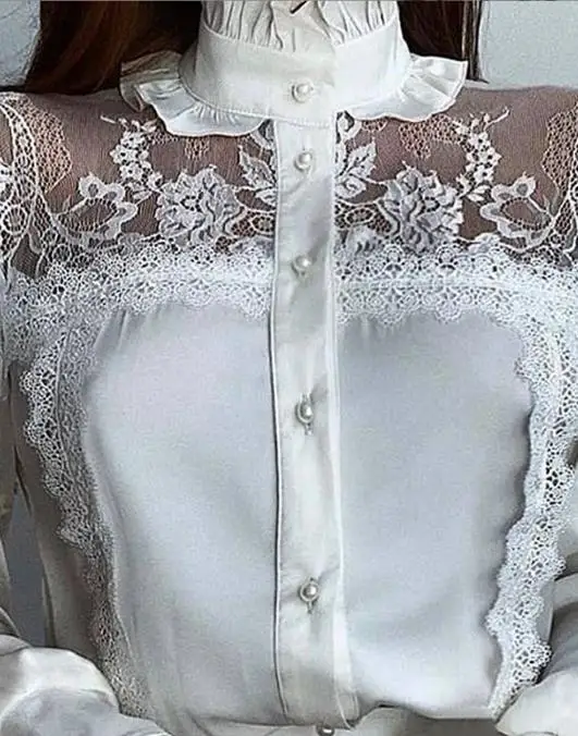 Women's Blouse Tops Elegant Commuting Fashion Solid Color High Neck Ruffles Mesh Lace Patchwork Button Long Sleeve Shirt Top