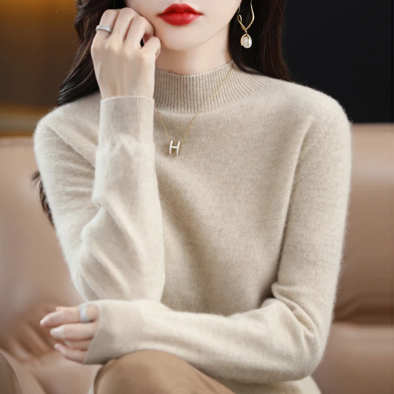 100% Merino Wool Sweater Women Autumn Winter First Line Seamless Half-high Collar Pullover Basis Casual Tops Cashmere Knitwear