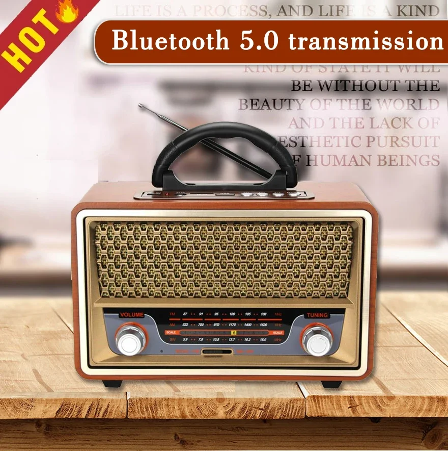 

High Quality Wooden Retro Portable Radio Music Player AM/FM/SW Multi-function Bluetooth Speaker Subwoofer Card Audio Caixadesom